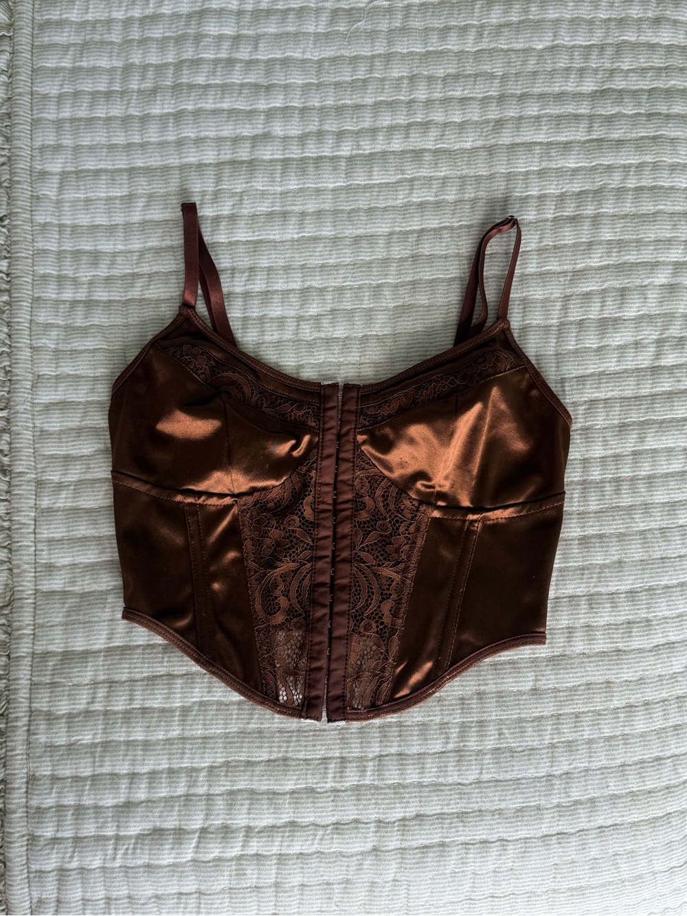 SHEIN Satin Lace Corset Crop Top in Brown